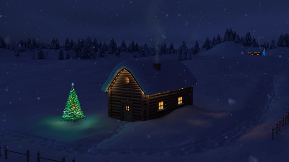 Log Cabin with Christmas Tree at Night