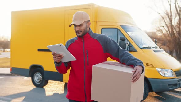 Young Indian Man Courier Using Tablet While Delivering Parcel