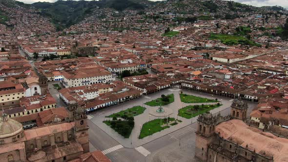 Panoramic View of a Deserted Plaza De Armas, City of Cusco and Andes Mountain in the Background - Fo
