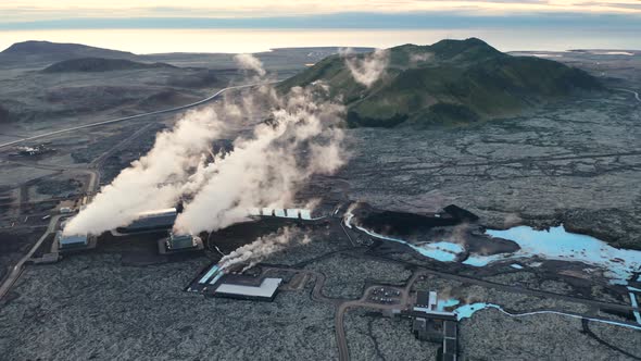 Blue Lagoon Spa, Iceland. Aerial Footage of Volcanic Soil and Swimming Pools