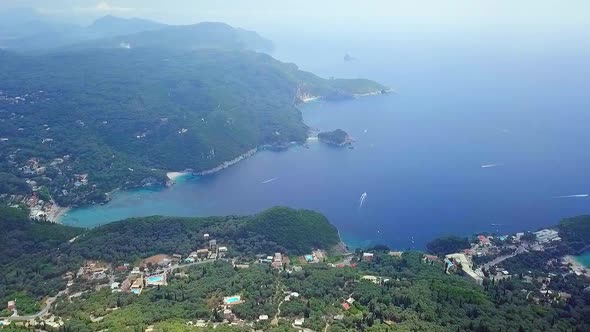Greece, Corfu Island, drone shot of  beautiful bay. Flying at high altitude. Palaiokastritsa, Platak