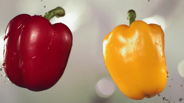 Flying Colored Red and Yellow Peppers Collision in the Air in Slow Motion