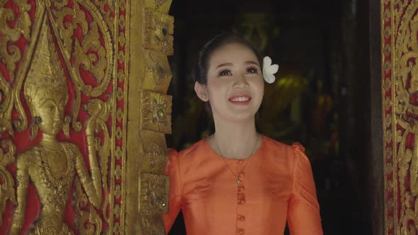 Asian Girl Wearing Lao Traditional Dress Costume Smile And Open Door's Temple