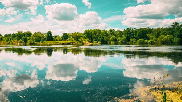 Tilt Hyperlapse Summer Cloudscape Sky Above Summer River Landscape Lake