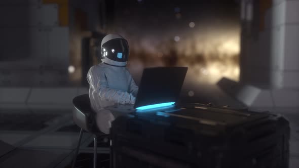 Astronaut Works on His Science Laptop in Futuristic Spaceship Room