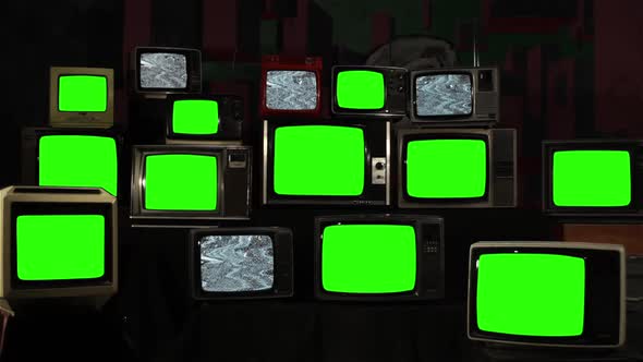 Retro TVs Turning On and Off Green Screens with Glitch Effect.