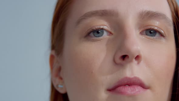 Gingerhead Red Hair, Ginger Hair Model with Blue Eyes on Blue Background