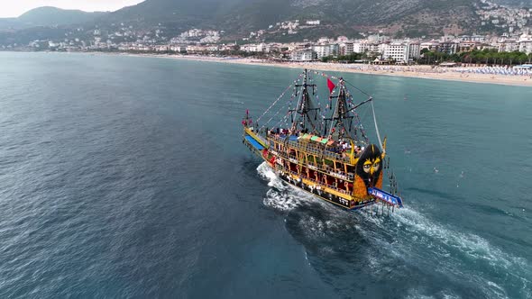 The Pirates yacht calls at the port aerial view 4 K Turkey Aanya