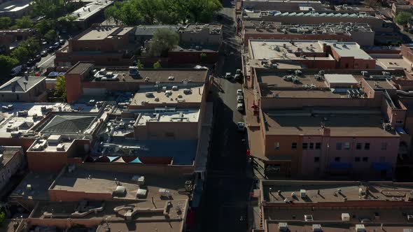 Aerial reveal of downtown Santa Fe New Mexico Plaza