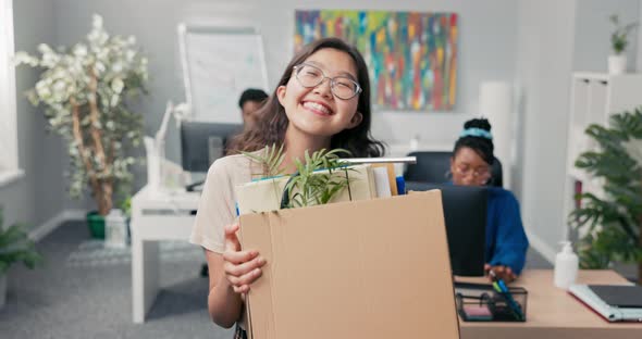 Woman Dressed in Smart Clothes Glasses Ambitious Employee Leaves Office Changes Position Moves to