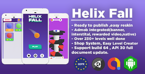 Helix Fall 230+ Levels (Unity Game Template + Admob Ads + GDPR Consent)