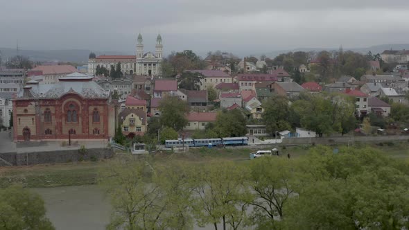 Aerial View of City Uzhhorod in Autumn