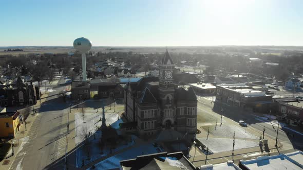 Aerial Video Flying around the Eldora Iowa courthouse in Hardin County in December