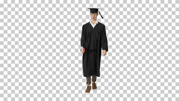 Graduate student smiling and walking with diploma, Alpha Channel