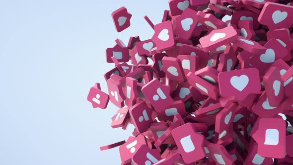 Social media like buttons, follow buttons and comment buttons, falling downwards, white background