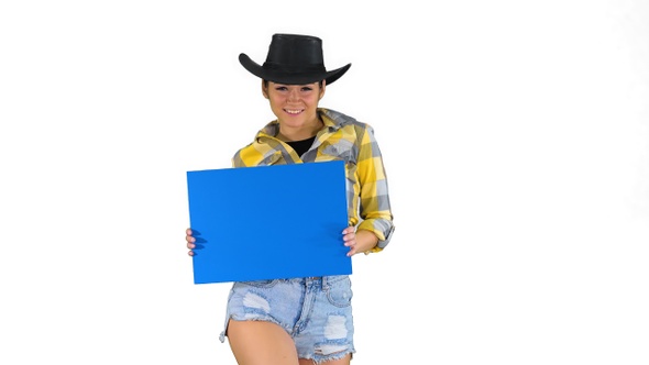 Smiling Pretty Cowgirl Holding Empty Board and Dancing