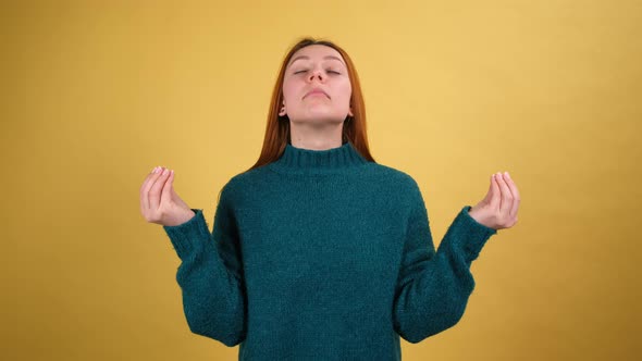 Young Red Hair Woman Posing Isolated on Yellow Color Background Studio