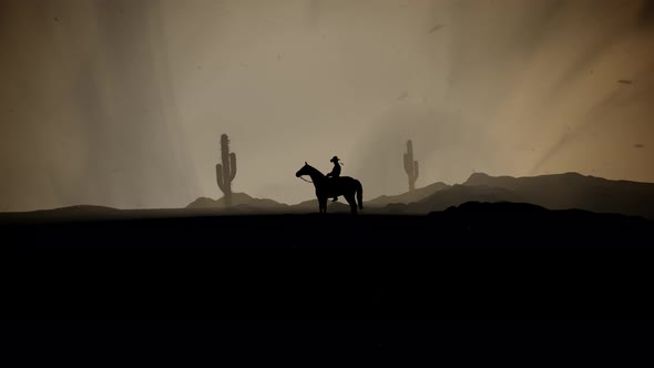 A Lone Ranger Cowboy On A Horse In The Desert