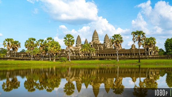 Angkor Wat Time Lapse with Lake Reflection in Siem Reap, Cambodia