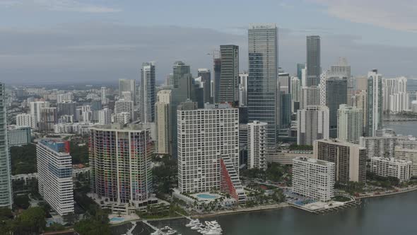 Aerial semi-orbital shot in downtown Miami showcasing buildings along the bayside