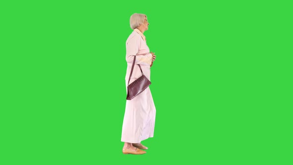 Attractive Intelligent Senior Woman Walking on a Green Screen, Chroma Key.