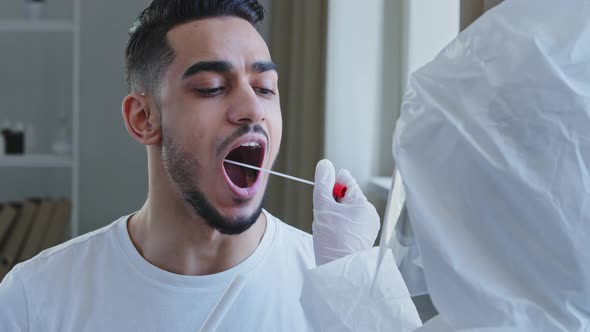 Closeup Spanish Man Arabic Male Patient Opens Mouth Donates Saliva Sample for Infection Virus