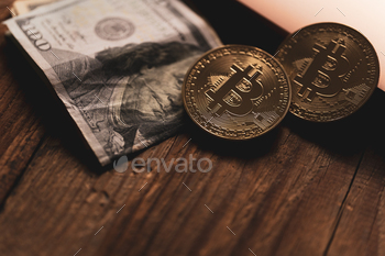 Golden coin with bitcoin symbol, money coins and dollar banknote