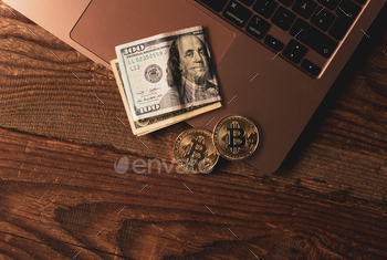 Golden coin with bitcoin symbol, money coins and dollar banknote