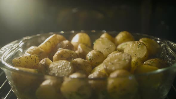 Fast Baking of Golden Potato in the Oven, Timelapse Shot