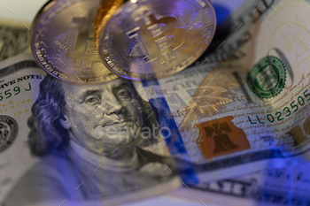 Golden coin with bitcoin symbol and dollar banknote