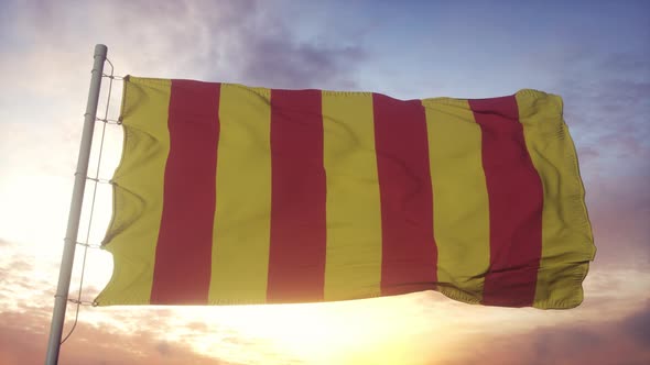 Provence flag, France, waving in the wind, sky and sun background