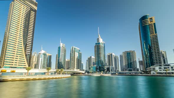 View of Dubai Marina Towers and Canal in Dubai Timelapse