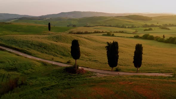 Flying over the amazing rolling hills of Tuscany Italy