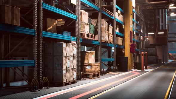 Modern Warehouse Shelves with Pile of Cardboard Boxes alt