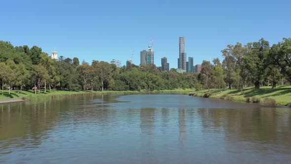 Melbourne City Australia and Yarra River Aerial Reveal