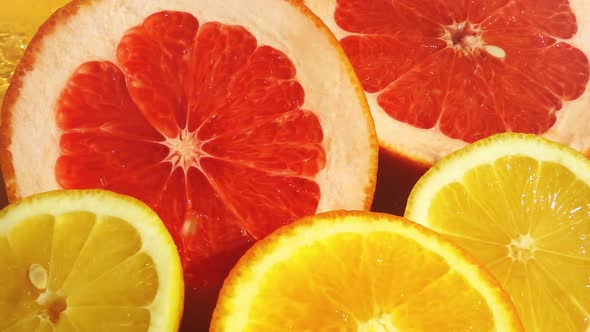 Slices of lemon, orange and grapefruit on an orange background. Water splash. Slow motion.