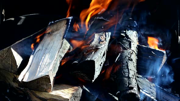 In the Grill the Fire is Burning Firewood Burning on Grill