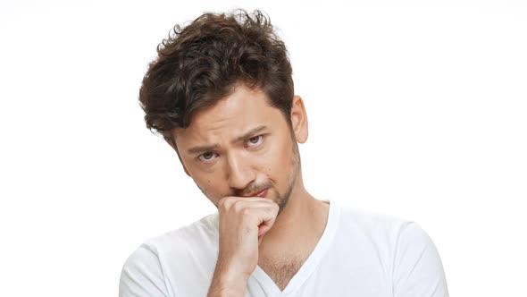 Young Handsome Man Listening Thinking Beckoning Looking at Camera Over White Background