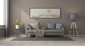 Minimalist living room with elegant gray sofa and purple cushion - PhotoDune Item for Sale