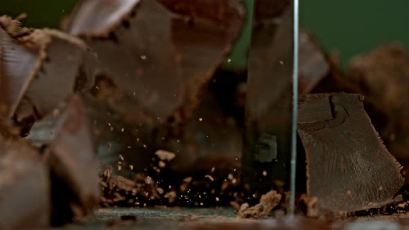 Super Slow Motion Shot of Cutting Raw Chocolate Chunk at 1000 Fps