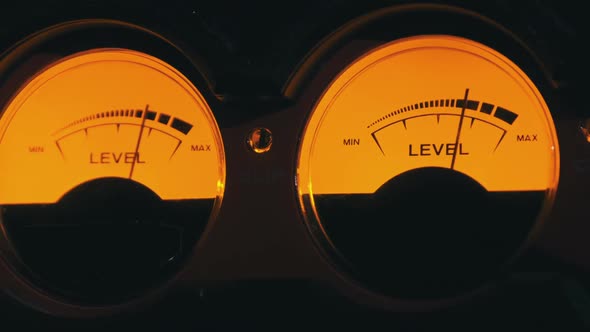 Two Analog Arrow Indicators of Sound Signal Level in Vintage Stereo Style