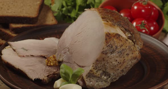 A Large Piece Of Ham Was Laid Out On A Plate. Serving A Meat Dish