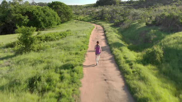 Aerial of Young Woman Running on a Forest Trail at Sunset