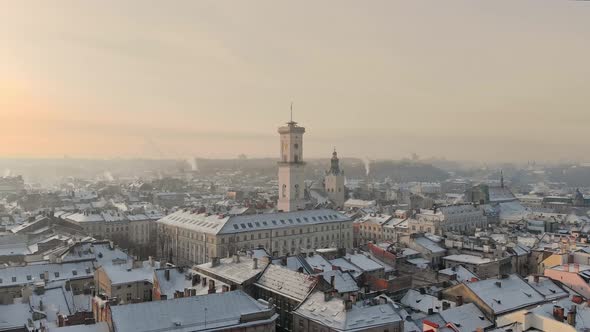 Aerial Drone View of Lviv Cityscape in Winter Western Ukraine