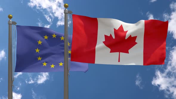 European Union Flag Vs Canada Flag On Flagpole
