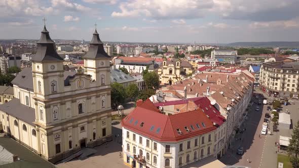 Aerial view of historic center in Ivano-Frankivsk city, Ukraine.