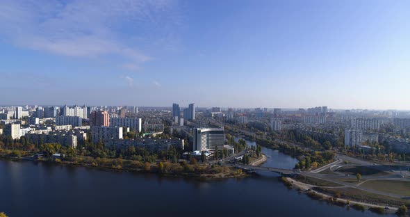 The Residential Area Rusanovka in Kiev in Sunny Day Aerial Panoramic View