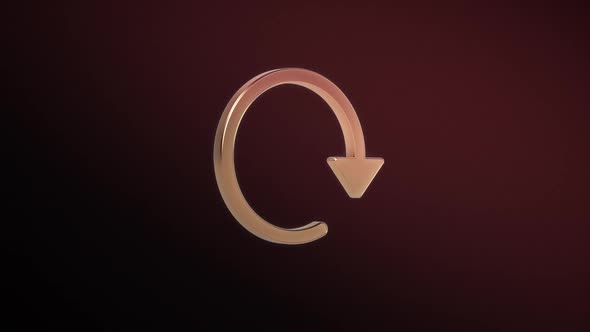 Golden Icon. Arrow Clockwise Rotate Around it Axis on a Dark Red Studio Background. Seamless Loop.