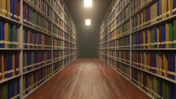 Move Between University Library Shelves with Lot of Books on Each Shelf