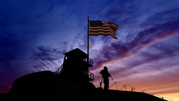 American Soldier On The Border At Night At The Border